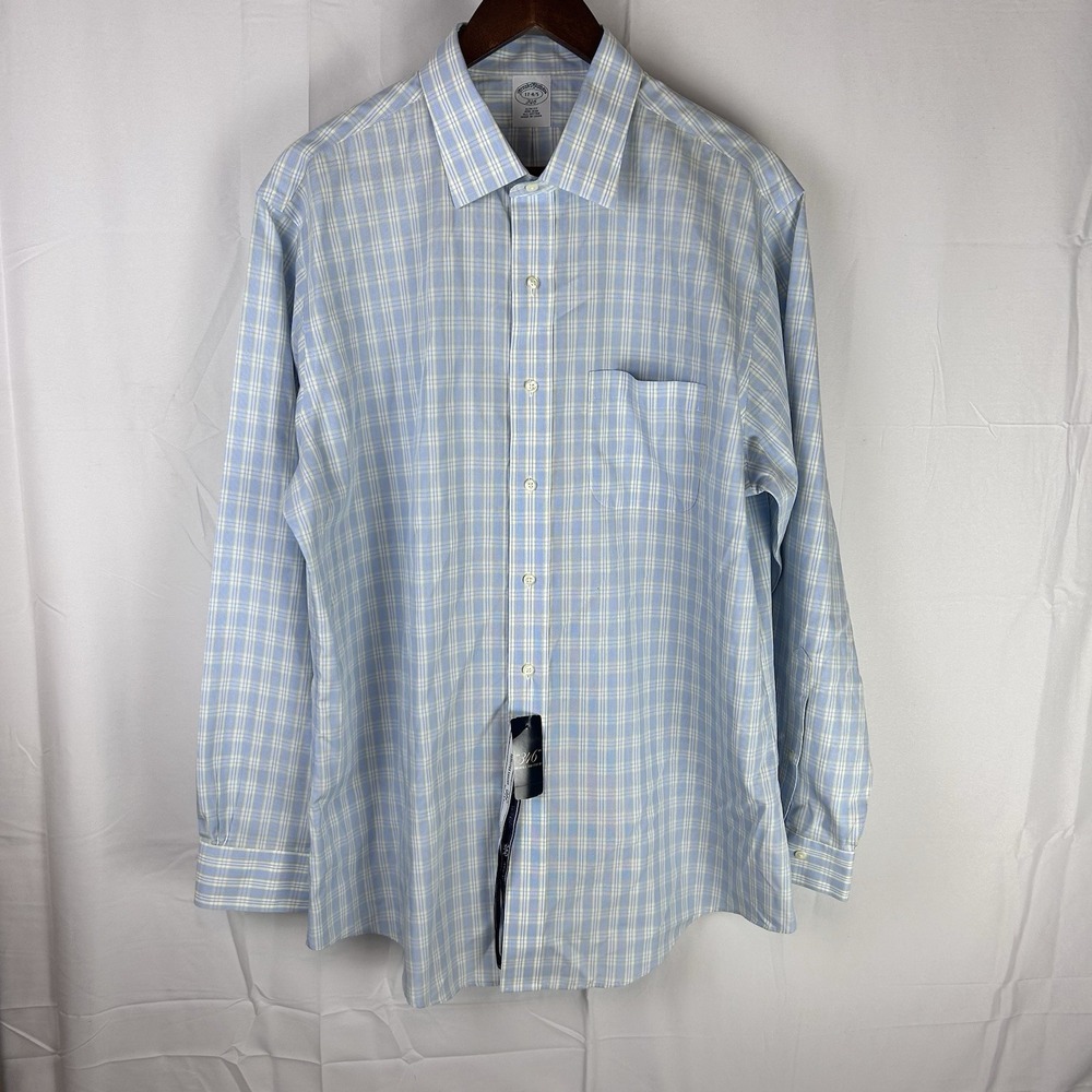Brooks Brothers 346 Shirt Men 17 4/5 Slim Long Sleeve Button Up White Blue Plaid